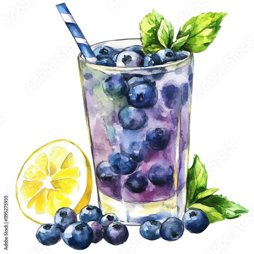 A watercolor drawing of blueberry lemonade, isolated on a white background. Lemonade vector.
