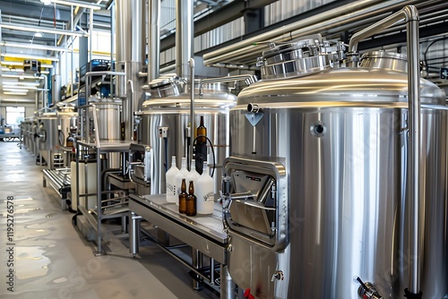 A gleaming brewery interior showcases large stainless steel tanks, brewing equipment, and bottles of beer. The facility is modern and clean.