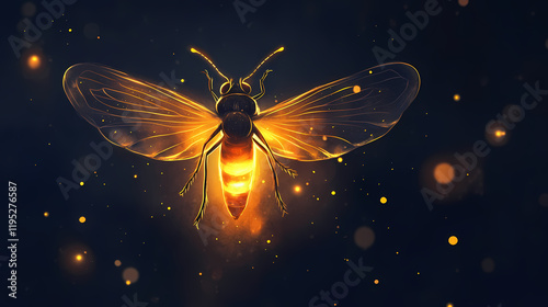 A firefly with glowing wings on a dark background. suitable for nature and wildlife concepts. Fireveil. Illustration photo