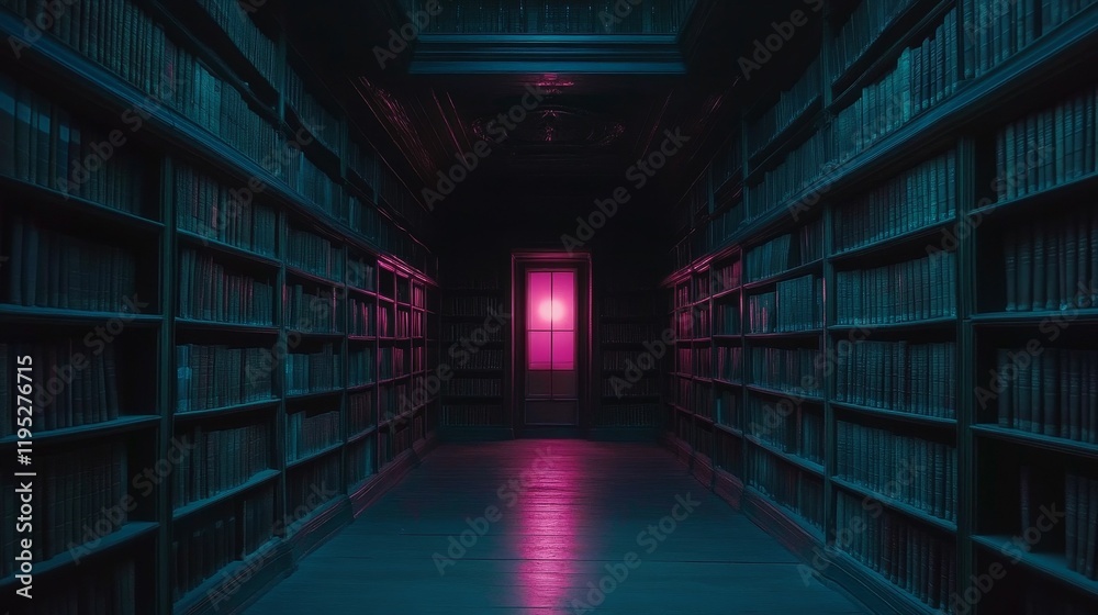 Fototapeta premium Dark library, rows of books, glowing door.