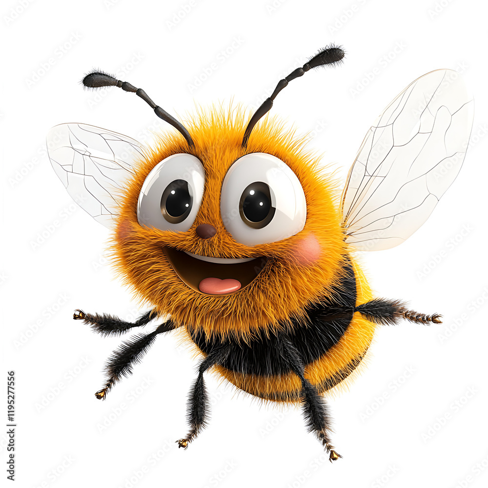 Obraz premium Adorable 3D rendering of a fluffy, cartoon bumble bee with a cheerful expression, flying against a white background. Perfect for children's books, websites, or branding.