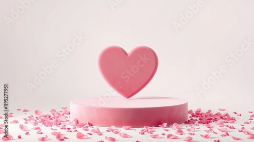 Soft pastel colors create a dreamy atmosphere around a heart-shaped velvet podium on a white background with scattered rose petals