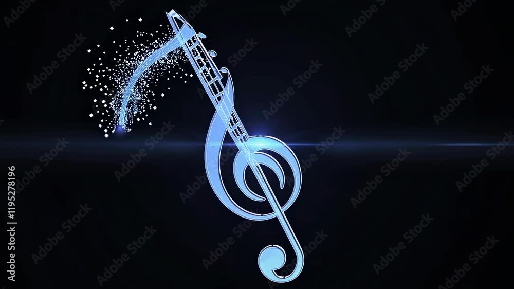 Golden musical note glowing, transforming into sparkling treble clef with luminous light particles dancing across dynamic graphic backgrounds