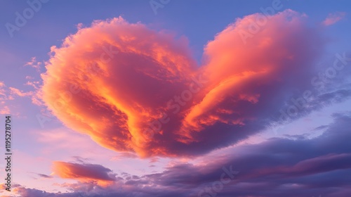 Heart-Shaped Cloud Against a Vibrant Sunset Sky Displaying Romance photo