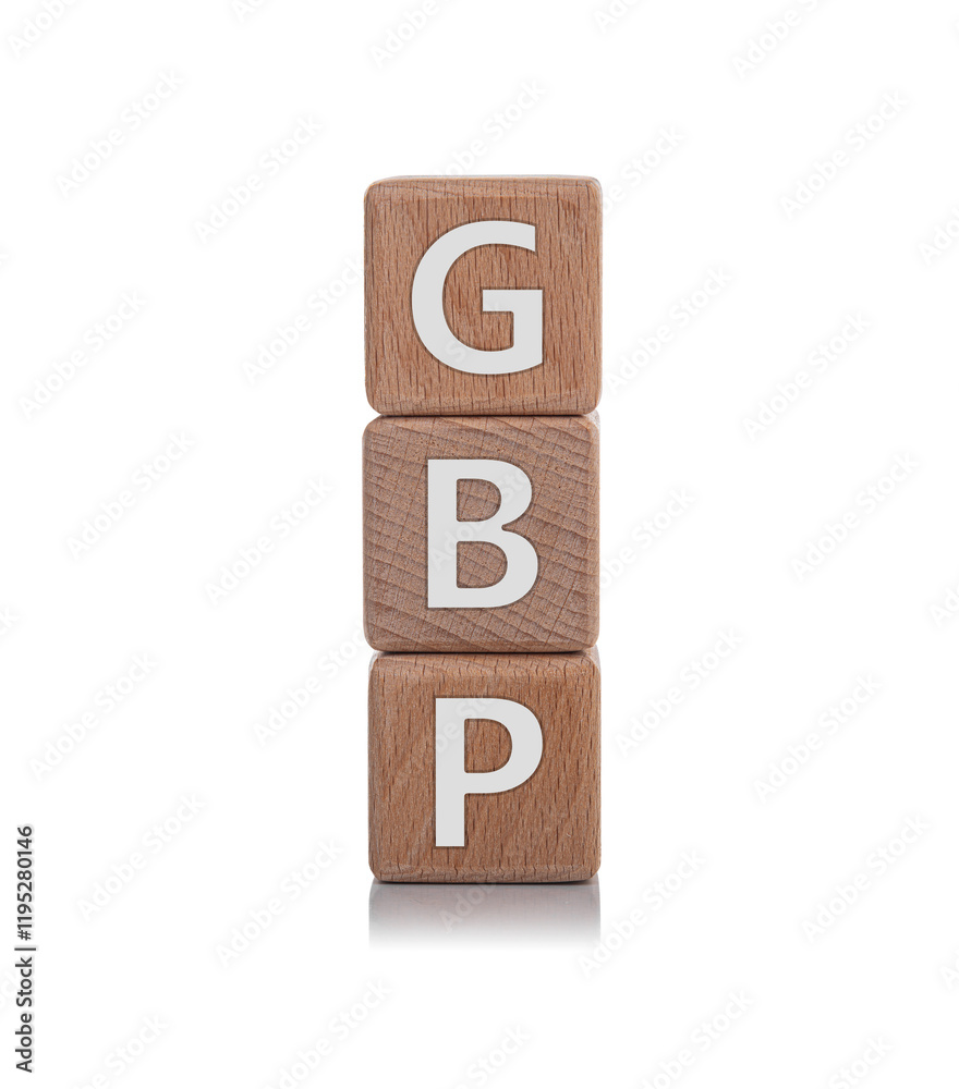 Wooden cubes with the inscription GBP on a white background.