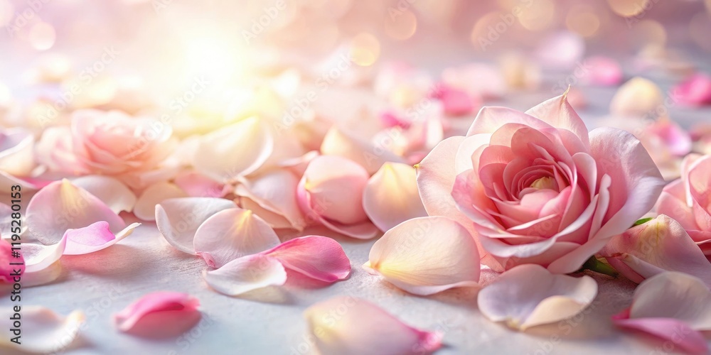 Obraz premium Delicate pink rose petals scattered on a soft white background, with gentle sunlight filtering through the stems , beautiful flowers, spring blooms