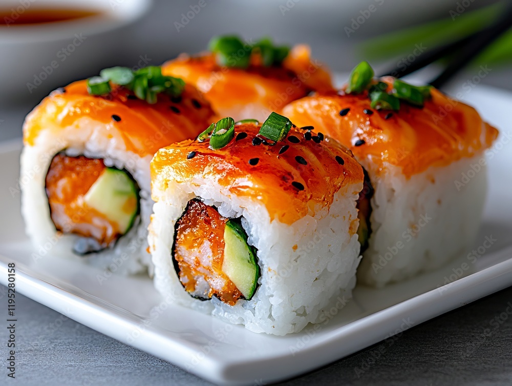 A white plate topped with sushi and chopsticks on a table A white plate topped with sushi and chopsticks on a table