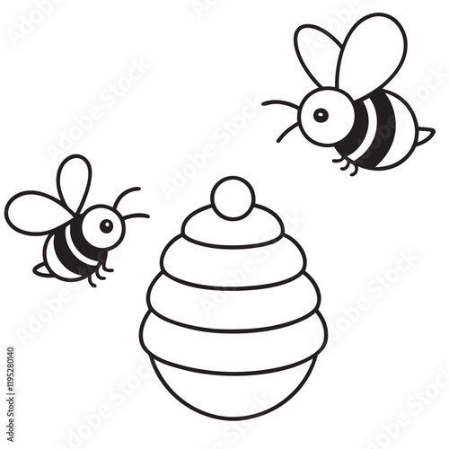 Cute cartoon bees fly around beehive Black and white vector illustration for coloring book