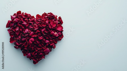 Close-up of a red heart made of rose petals on a white background, symbolizing love and romance