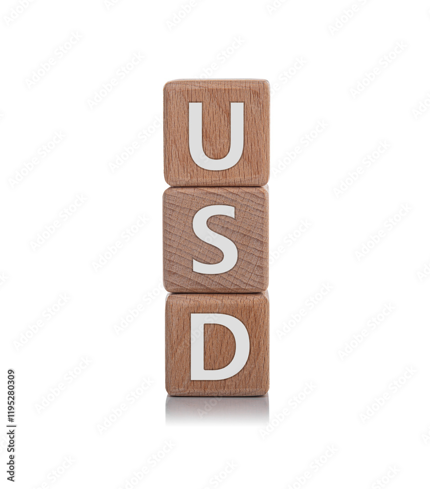 Wooden cubes with the inscription USD on a white background.