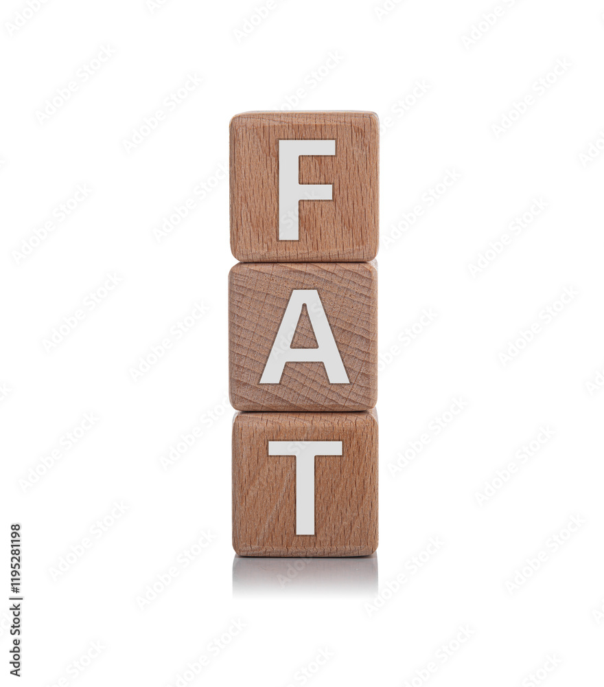 Wooden cubes with the inscription FAT on a white background.