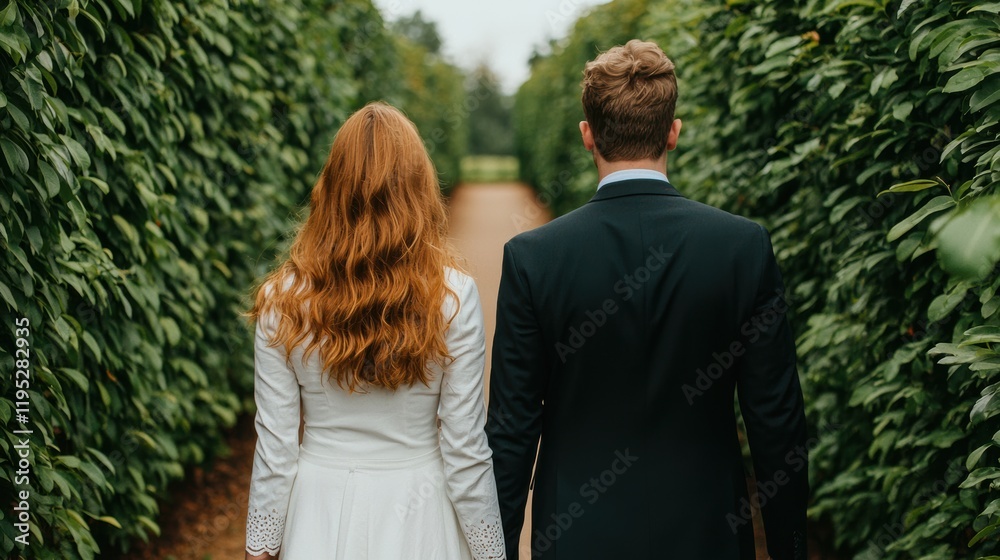 Fototapeta premium Couple walking hand-in-hand through a garden path
