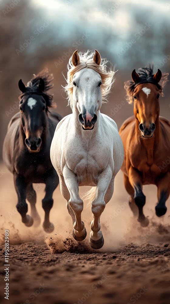 Three horses running in the dirt Three horses running in the dirt