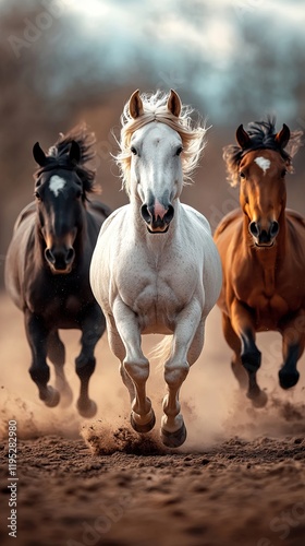 Three horses running in the dirt