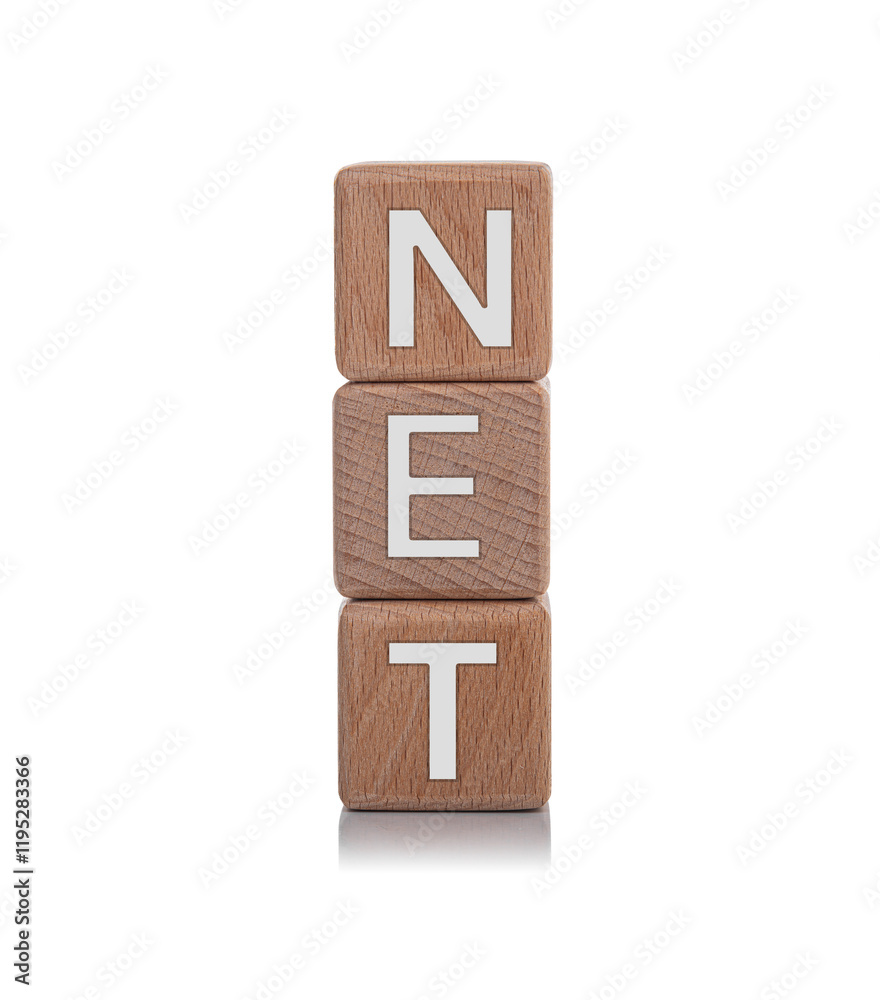 Wooden cubes with the inscription NET on a white background.