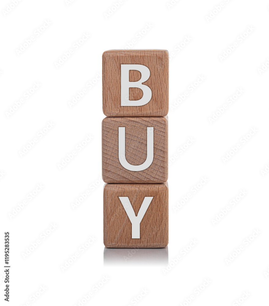 Wooden cubes with the inscription BUY on a white background.