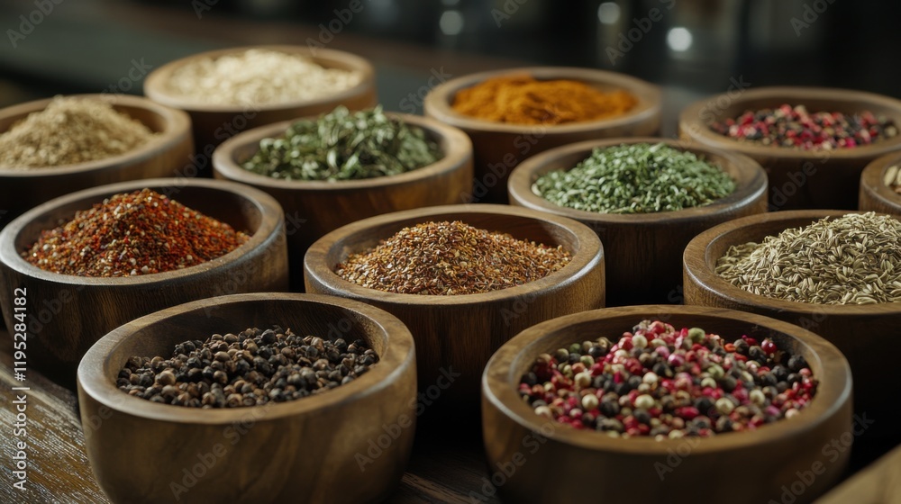 Spices herbs wooden bowls. Generative AI Spices herbs wooden bowls. Generative AI