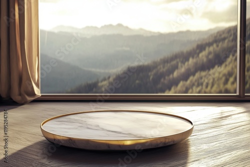 Marble Pedestal with Mountain View: A sleek, circular marble pedestal with a gold trim sits invitingly in a room with a breathtaking view of sun-drenched mountains, casting a warm glow. photo