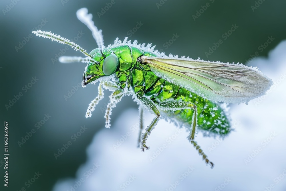 Fototapeta premium Frozen insect, vibrant green, delicate frost.