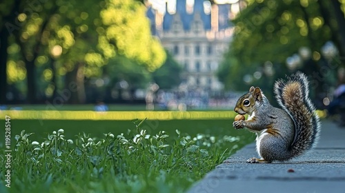 Adorable Squirrel Eating Nut in Park  Green Grass  City Background