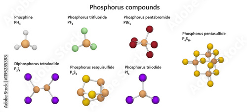 Set of various Phosphorus compounds: phosphine, trifluoride, pentabromide, tetraiodide, sesquisulfide, triiodide, pentasulfide. Isolated on white background. 3d illustration. photo