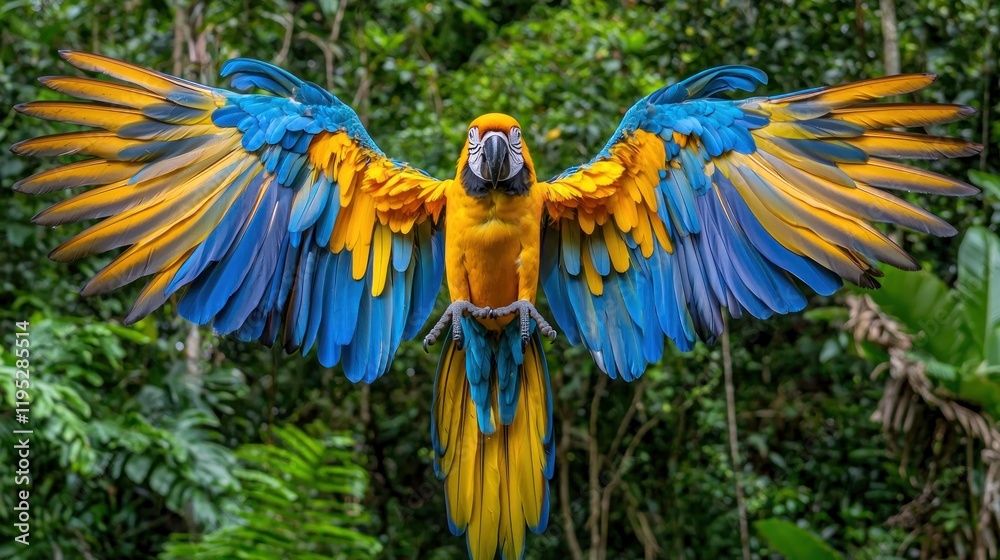 Fototapeta premium Blue and yellow macaw with wings spread wide showcasing its colorful feathers beak slightly open against a lush natural background capturing the essence of tropical wildlife