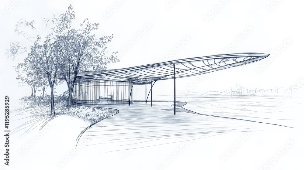 Delicate Pen Sketch of an Elegant Riverside Pavilion Showcasing Curved Design Features Delicate Pen Sketch of an Elegant Riverside Pavilion Showcasing Curved Design Features