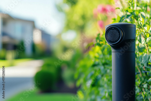 Garden speaker enhances outdoor ambiance in a suburban neighborhood during a sunny day