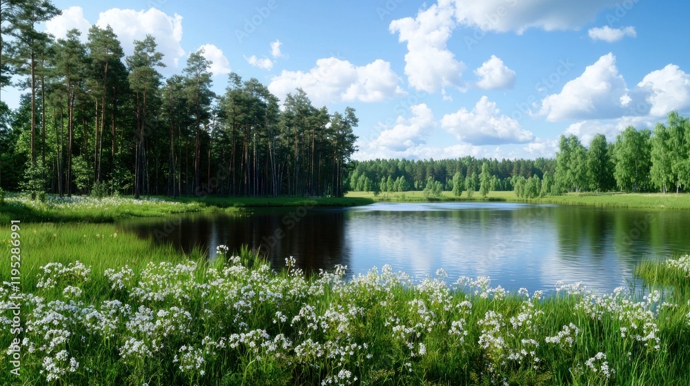 Fototapeta premium Summer lake and forest landscape