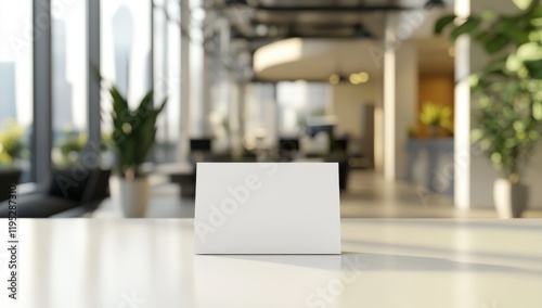 Blank Tent Card Mockup in Modern Office: A clean, white tent card sits prominently on a sleek table in a stylish, modern office setting.