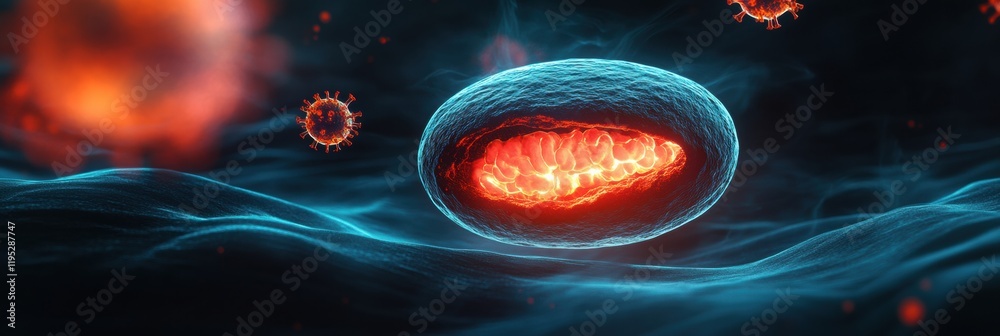 Fototapeta premium Magnified human cell under attack by virus in a dynamic and hostile environment. Generative AI