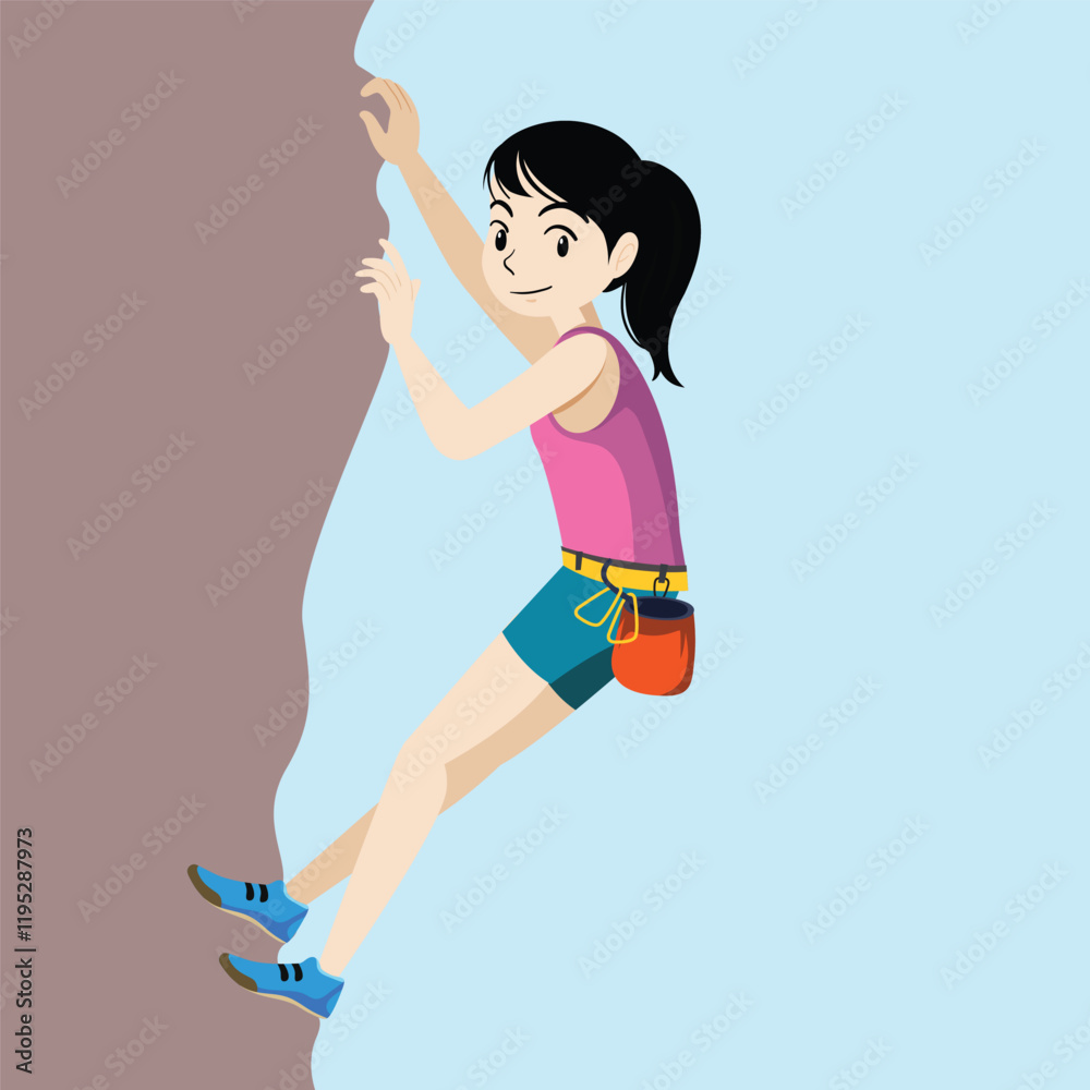 Young girl actively climbing a rock wall with determination and focus on a climb Young girl actively climbing a rock wall with determination and focus on a climb