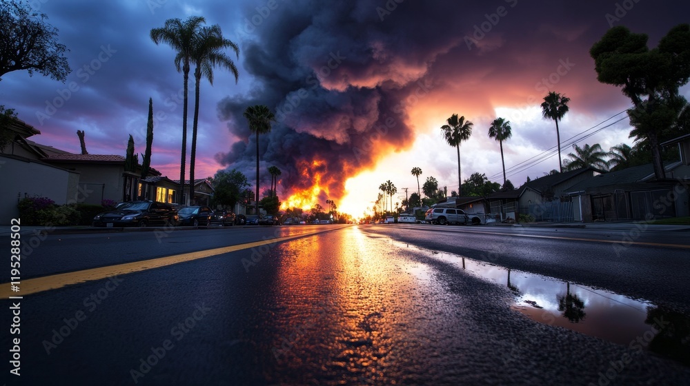 Fototapeta premium Sunset Fire Reflection - Dramatic sunset scene with a large fire in the distance, reflected in a wet street. Palm trees line the street.