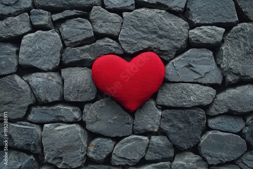 Red heart cushion resting on a stone wall