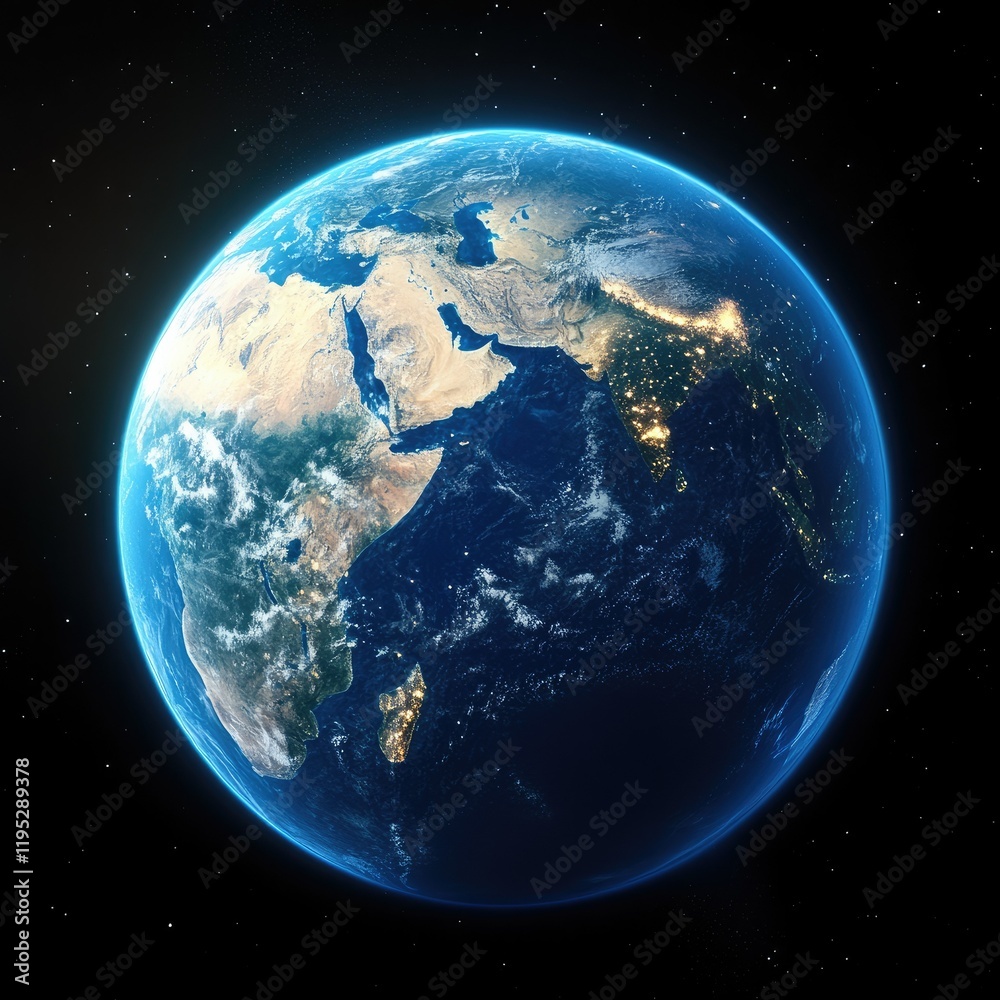 Earth at Night: Africa, Asia, and the Indian Ocean, Showing City Lights and Landmasses Earth at Night: Africa, Asia, and the Indian Ocean, Showing City Lights and Landmasses
