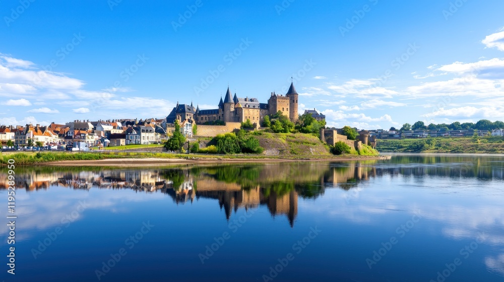 Scenic view of a castle reflecting in a calm river under blue skies. Scenic view of a castle reflecting in a calm river under blue skies.
