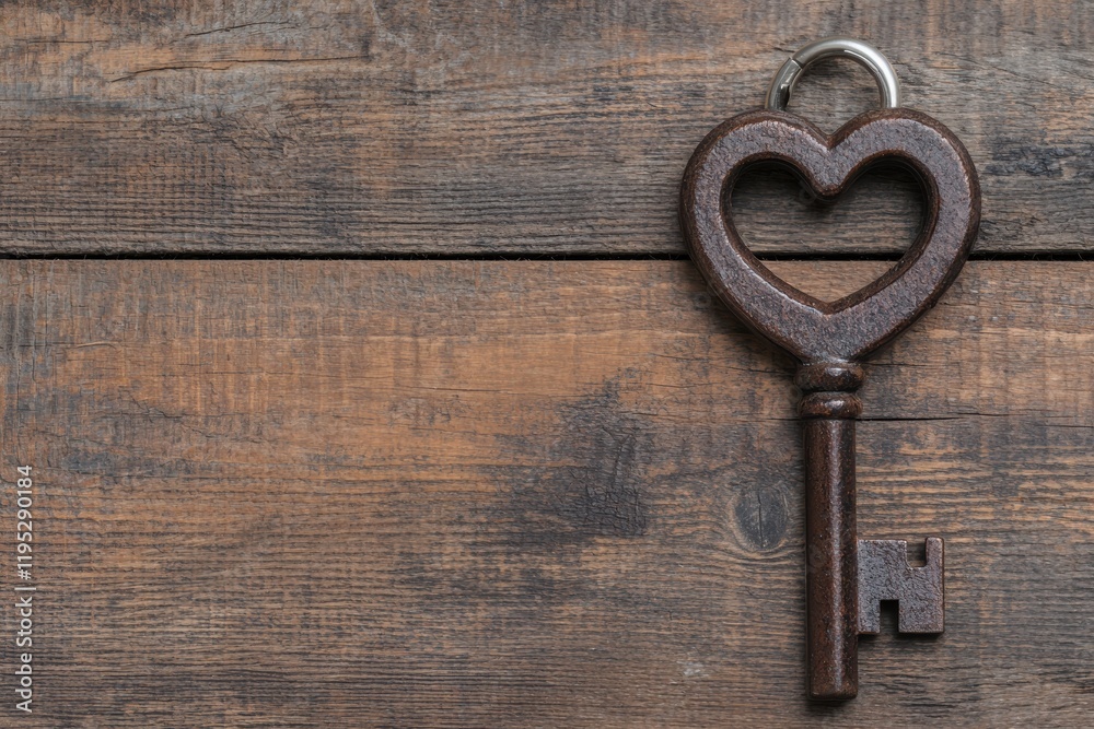 Heart shaped key laying on rustic wooden background with copy space Heart shaped key laying on rustic wooden background with copy space