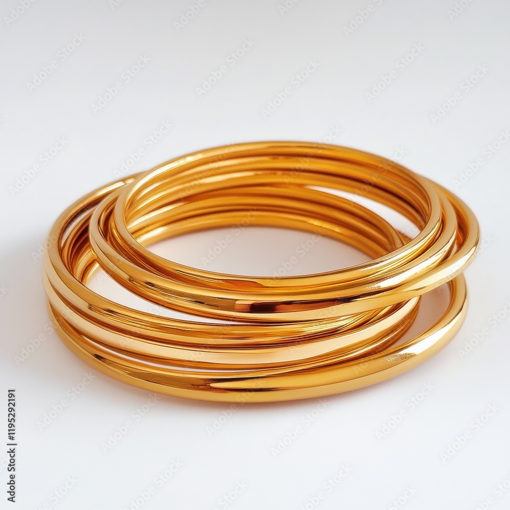 Stacked gold bangles elegantly arranged on a neutral background showcasing their shine and beauty Stacked gold bangles elegantly arranged on a neutral background showcasing their shine and beauty