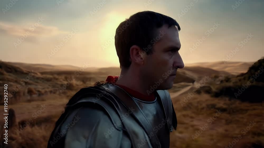 Warrior gazes at sunset in ancient landscape near historical ruins Warrior gazes at sunset in ancient landscape near historical ruins