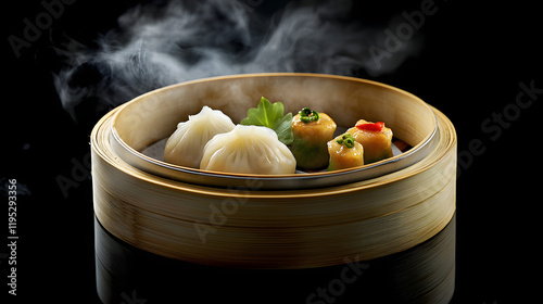 A steaming plate of dim sum with dumplings bao buns and spring rolls served in a bamboo steamer. photo