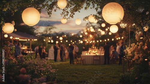 Fototapeta Naklejka Na Ścianę i Meble -  Elegant garden party illuminated by lanterns at twilight with guests mingling in a picturesque setting