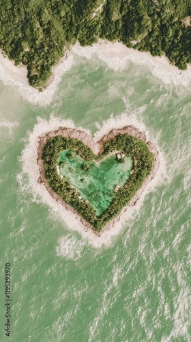 Heart Shaped Island Paradise  Aerial View of Tropical Lagoon  Beach  Ocean