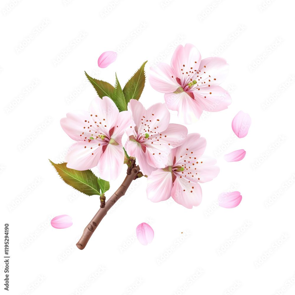 Naklejka premium Delicate Pink Cherry Blossom Branch with Falling Petals
