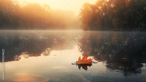 A quiet riverbend reflecting a single leaf drifting on the surface, surrounded by mist-covered trees in the distance, with warm sunrise hues photo