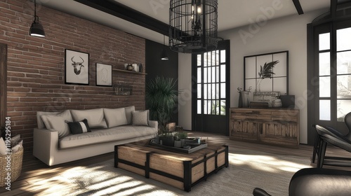 Living room featuring a stylish metal cage-style light with rustic decor elements and natural light photo