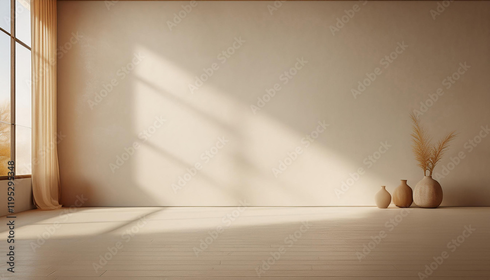 A minimalist interior design of an empty room with a large window. The room features a light beige wall and a warm wooden floor. Natural light streams through the window