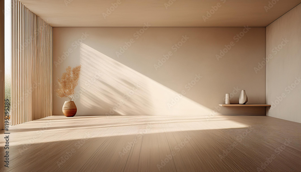 A minimalist interior design of an empty room with a large window. The room features a light beige wall and a warm wooden floor. Natural light streams through the window