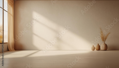 Obraz na płótnie A minimalist interior design of an empty room with a large window. The room features a light beige wall and a warm wooden floor. Natural light streams through the window w salonie