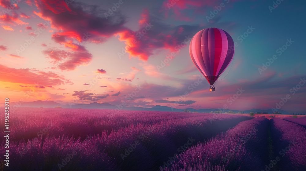 Fototapeta premium A surreal portrayal of a hot air balloon floating above a lavender field at sunset, offering a picturesque scene with ample text space