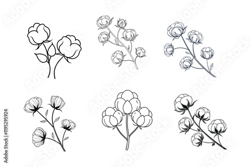 Elegant cotton flowers abstract line art contour drawings in a minimalist style. Perfect for modern decor, digital designs, and seamless patterns. Ideal for creative and stylish projects.